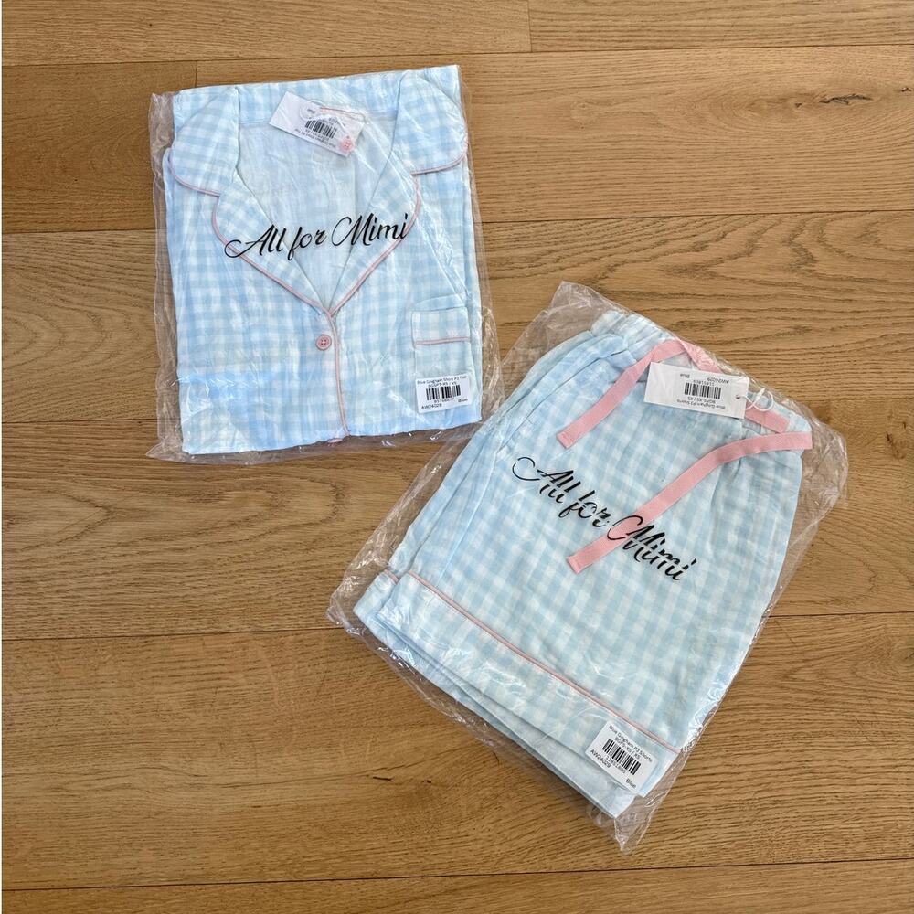 All for Mimi Gingham PJ Short Sleeve Top & Short Set Size XS Blue Pink